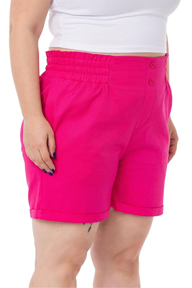 Plus Size Gabardine Fuchsia Shorts with Elastic Waist, Side and Back and Fold Detail - 4