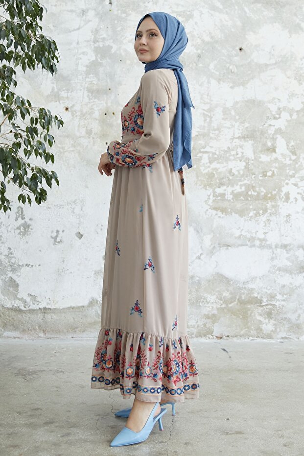 Fustă brodată Volane Sifon Rochie - Bej - 4