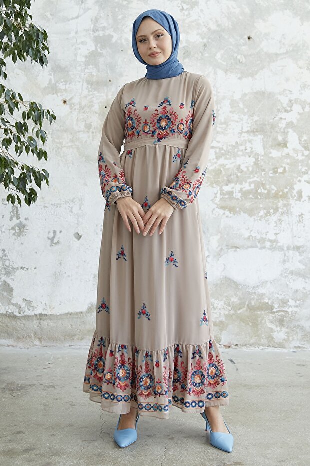 Fustă brodată Volane Sifon Rochie - Bej - 1