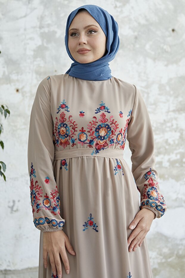 Fustă brodată Volane Sifon Rochie - Bej - 3