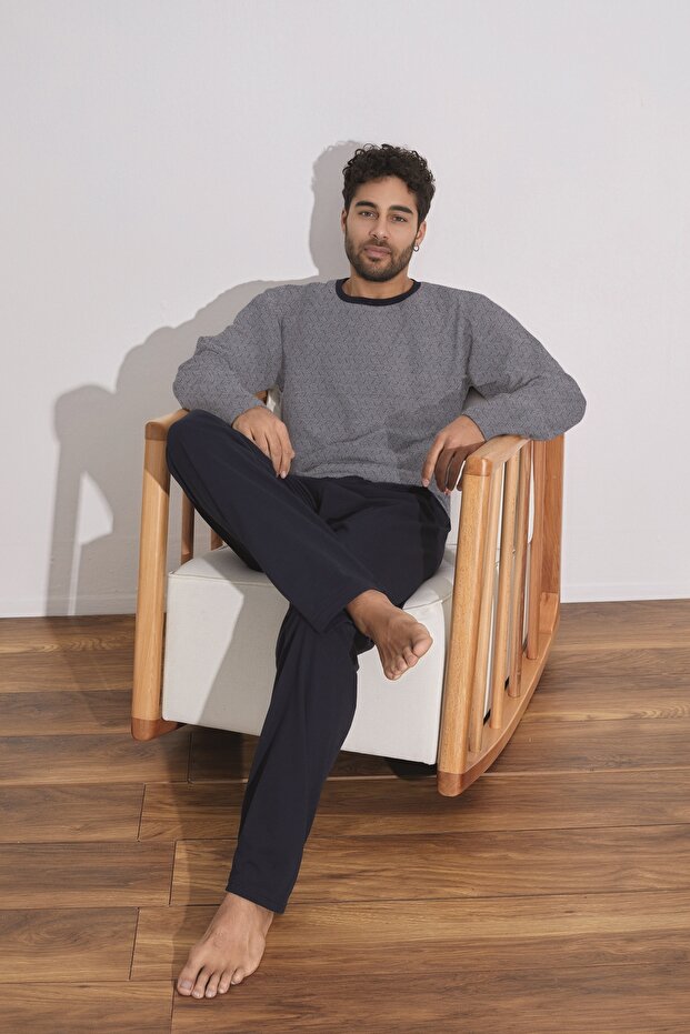 Combed Cotton Single Jersey (Thin) Jacquard Long Sleeve Men's Pajama Set
