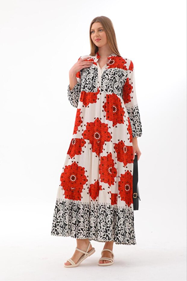 Women's Red and White Placket Collar Sleeve Elastic Long Loose Dress