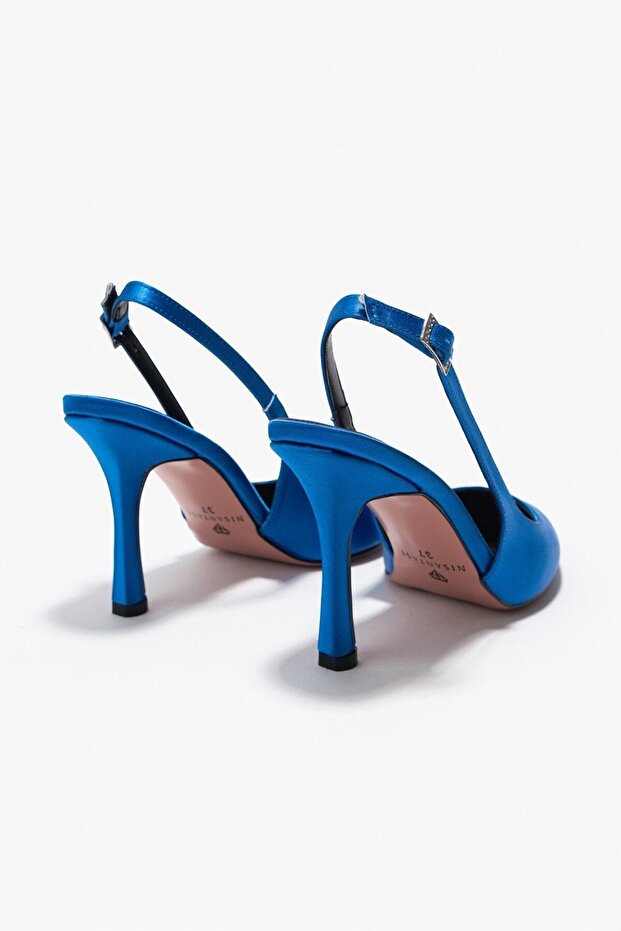 Mendy Saks Blaue Satin-Gürteldetail-Damenschuhe mit spitzem Zehenbereich und Absatz - 7