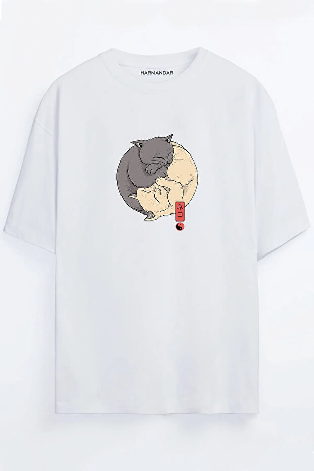 تي شيرت كبير الحجم مطبوع عليه قطة Ying Yang للجنسين