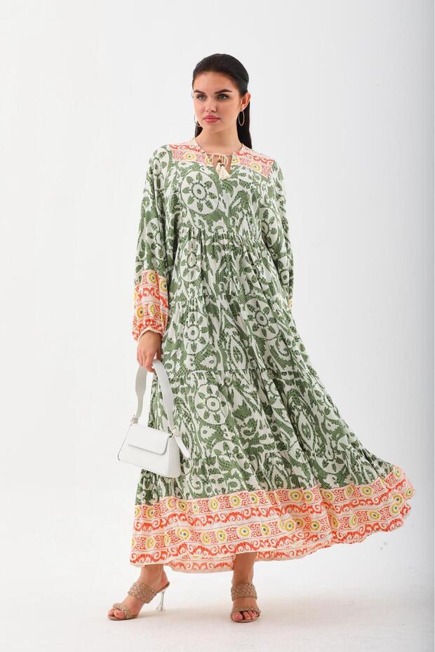 Women's White Khaki Tassel Lace-up Collar Balloon Sleeve Elastic Long Loose Ethnic Dress
