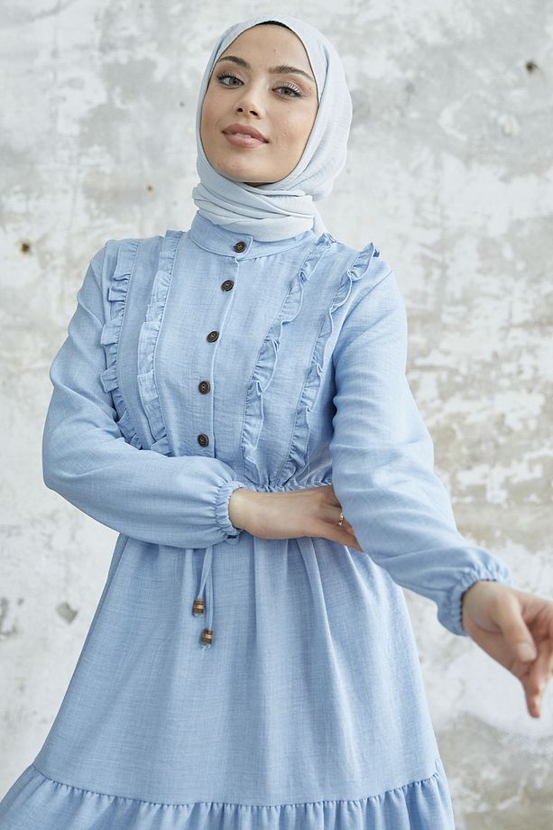 Fırfırlı Detay Düğmeli Ayrobin Elbise - Bebe Mavisi - 3