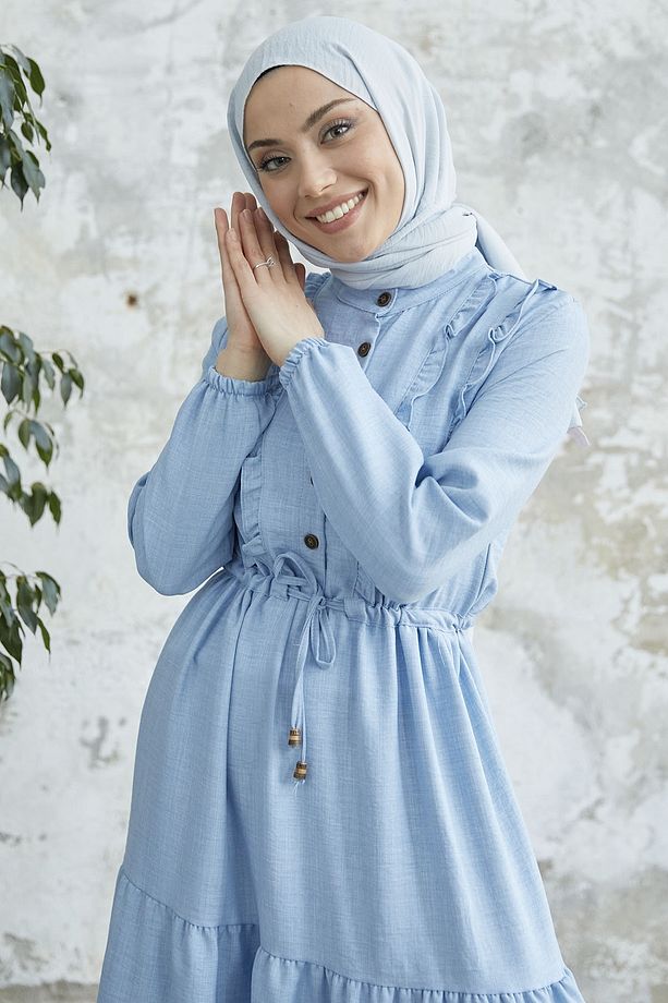 Fırfırlı Detay Düğmeli Ayrobin Elbise - Bebe Mavisi - 2