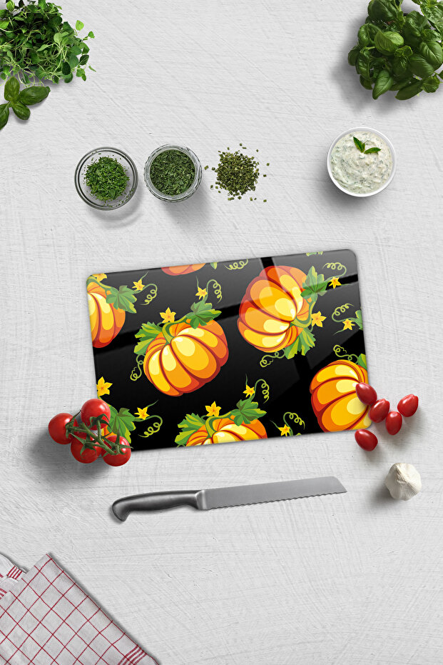 Glass Cutting Board - Glass Cutting Board | Pumpkin Black Background | 20cm X 30cm