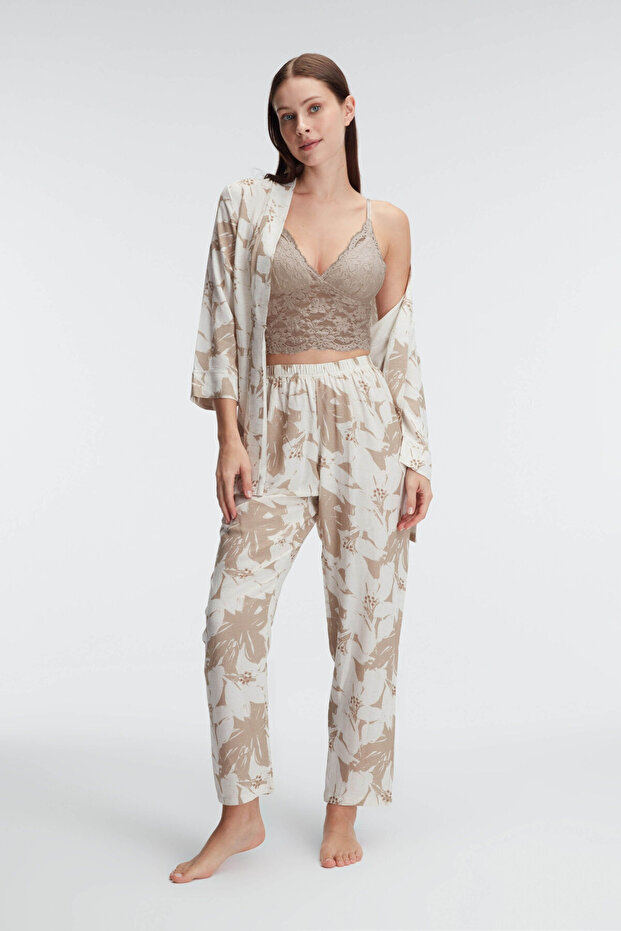 5830 I?p Strap V-neck Women's Floral Patterned Summer Woven Lace Detailed Pajamas Set