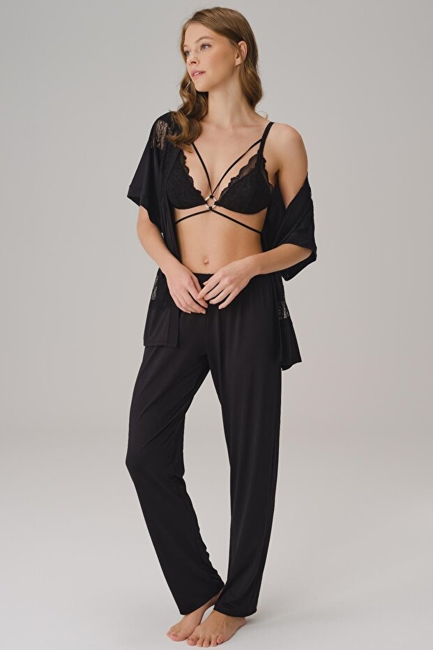 I?p Strap V-neck Women's Plain Summer Long Lace Detailed Pajamas Set Dressing Gown Anil 5779