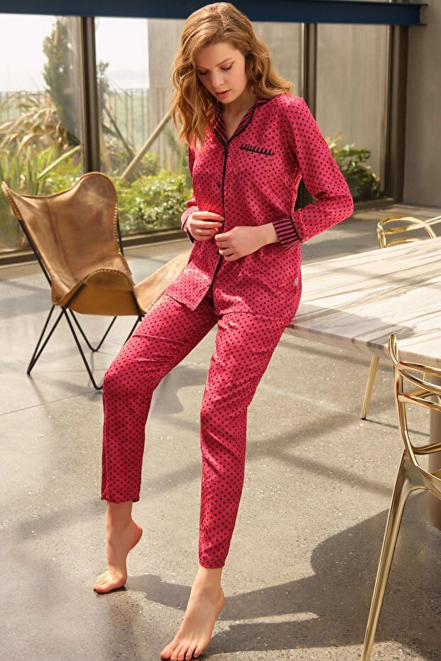 Women's Woven Viscose Polka Dot Buttoned Front Long Sleeve Shirt and Trousers Pajama Set (9751)