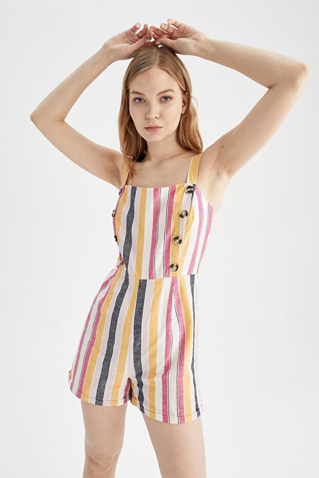 Linen Blended Strappy Striped Short Jumpsuit - Square Collar W8575az22sm