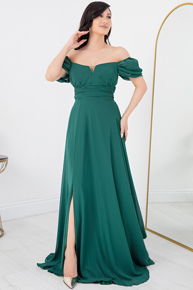 Straplez Yırtmaçlı Şifon Elbise DNS1591 - 5