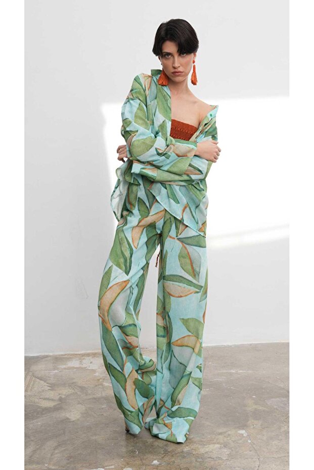 بدلة كتان منقوشة باللون الأخضر 9735-08 - 2