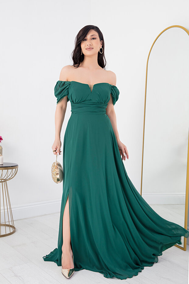 Straplez Yırtmaçlı Şifon Elbise DNS1591 - 1