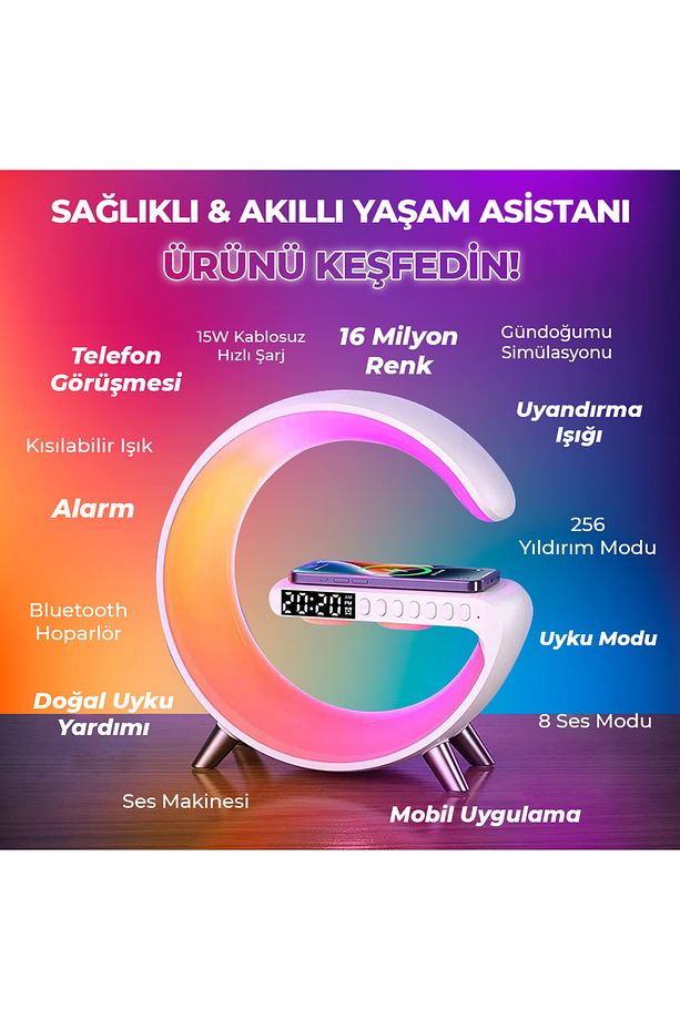RGB Çalar Saatli Gece Lambası Fonksiyonlu BT Destekli Çağrı Cevaplayabilen Hoparlör - 5