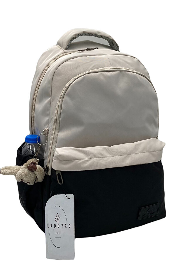 Water Resistant Custom Bett's Fabric Unisex Beige-Black School Backpack 34100