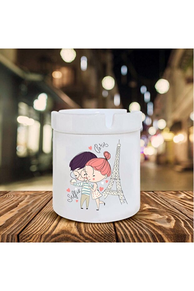 White Love In Paris Themed Ceramic Ashtray