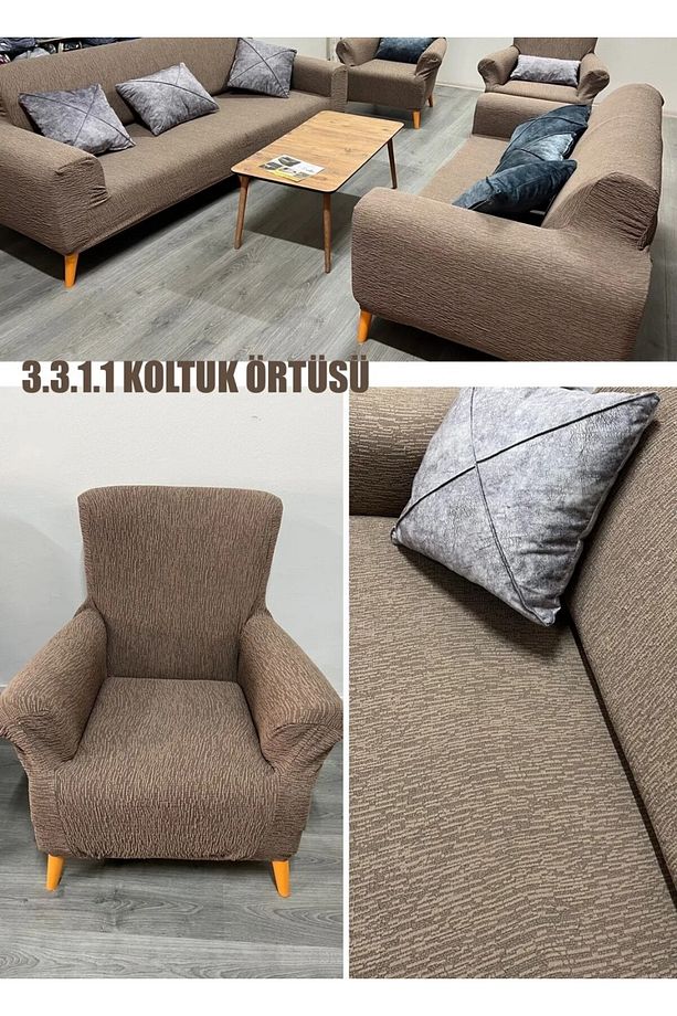 3+3+1+1 Streç Lastikli Esnek Eteksiz Pamuklu Jakarlı Koltuk Takımı Koltuk Örtüsü - 1