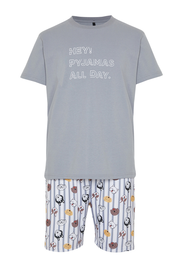 Gri Regular Fit Baskılı Örme Şortlu Pijama Takımı TMNSS23PT00000 - 7