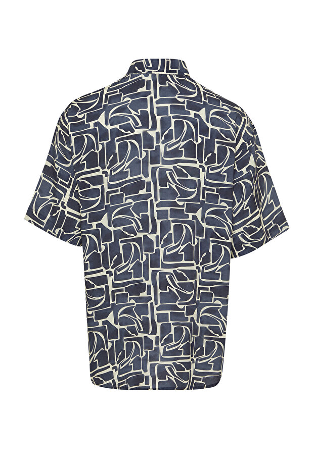 Lacivert More Sustainable Oversize Fit %100 Viskon Desenli Kısa Kollu Salaş Gömlek TMNSS24GO00051 - 8