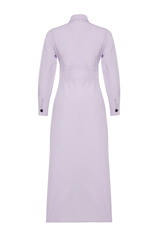 Liliowa koszula z kołnierzykiem i guzikami. Zwykła tkana sukienka TCTSS24EB00116 - 8