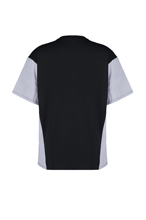 Siyah Kalın Pamuklu Oversize/Geniş Kalıp Poplin Detaylı Baskılı Örme T-Shirt TWOSS24TS00005 - 12