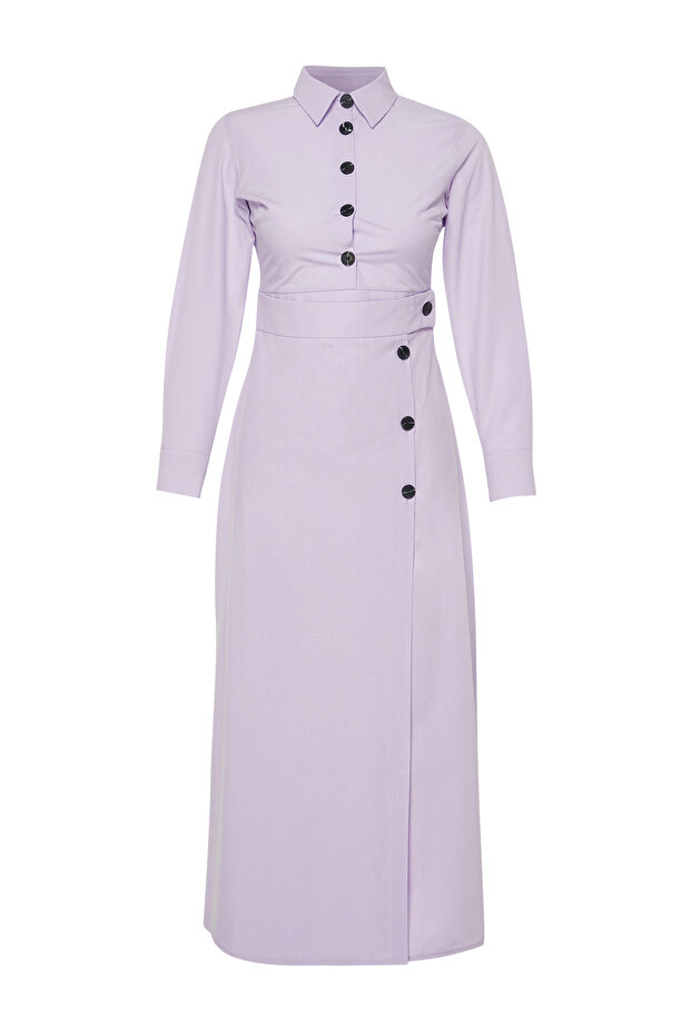 Liliowa koszula z kołnierzykiem i guzikami. Zwykła tkana sukienka TCTSS24EB00116 - 7