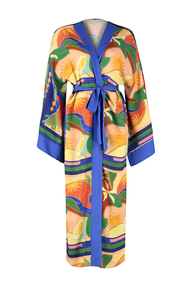 Soyut Desenli Dokuma Maxi Plaj Kuşaklı Kimono&Kaftan TBESS24KM00024 - 7