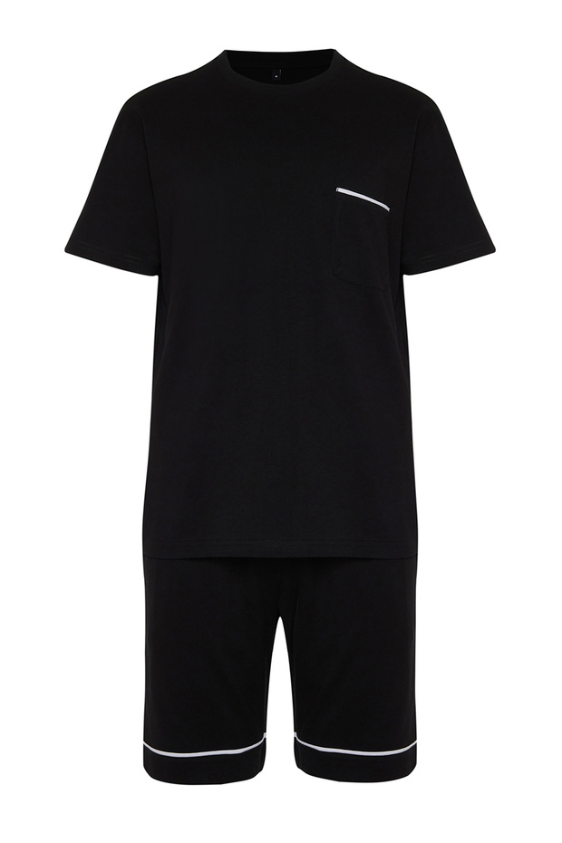 Siyah Regular Fit Biyeli Örme Şortlu Pijama Takımı TMNSS24PT00021 - 7