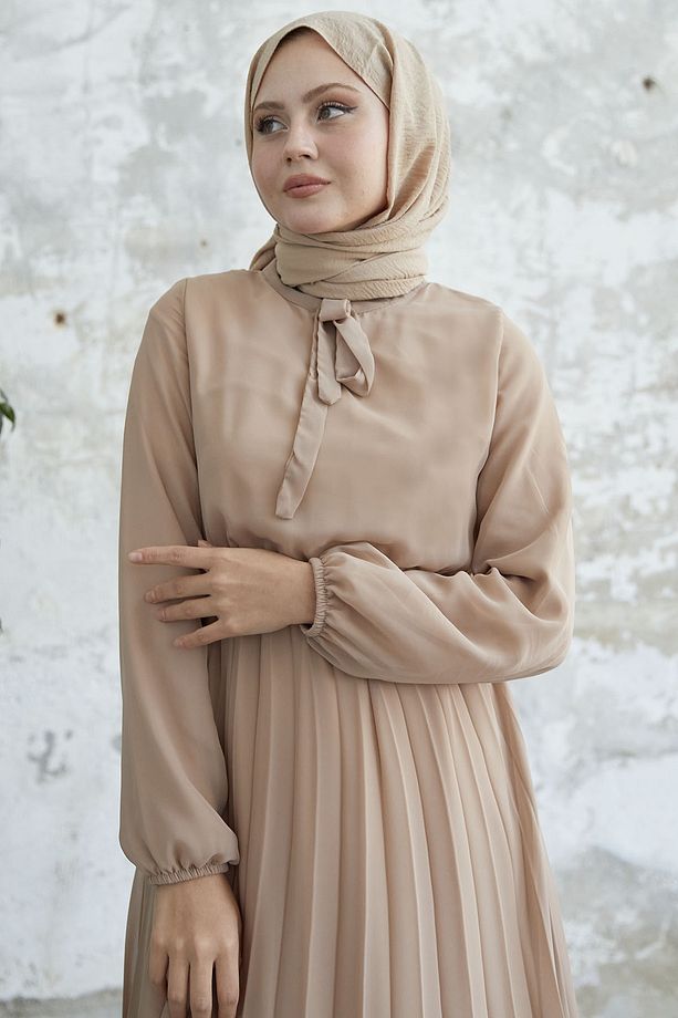Piliseli Limelda Şifon Elbise - Sütlü Kahve - 3