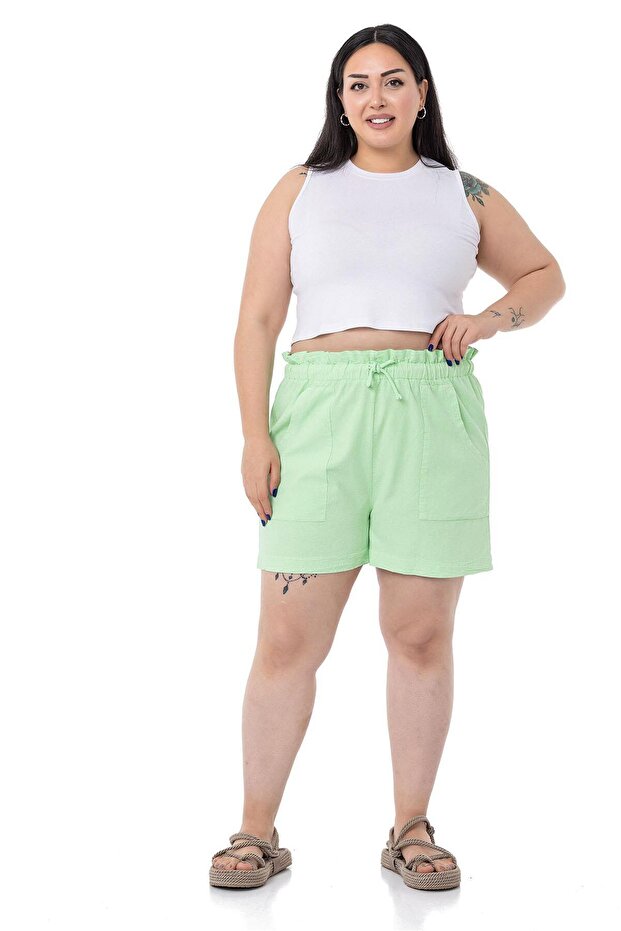 Plus Size Piece Painted Pockets Elastic Waist and Rope Drawstring Relaxed Fit Green Shorts - 1