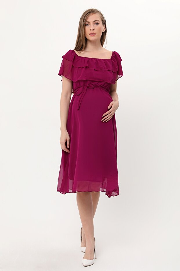 Maternity Ruffle Neckline Belt Plum Chiffon Dress 8000