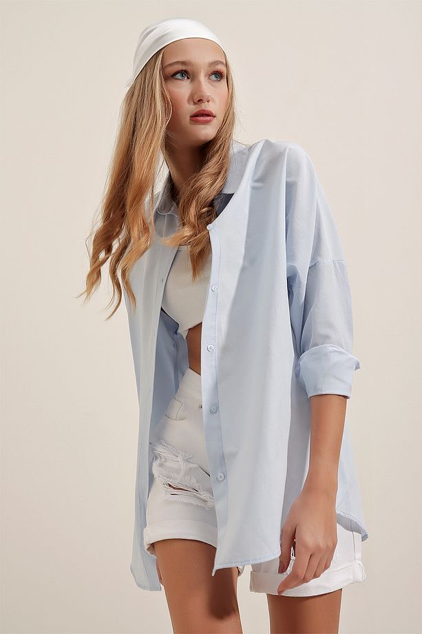 3900 Oversize Uzun Basic Gömlek - Açık Mavi - 6