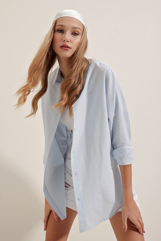 3900 Oversize Uzun Basic Gömlek - Açık Mavi - 5