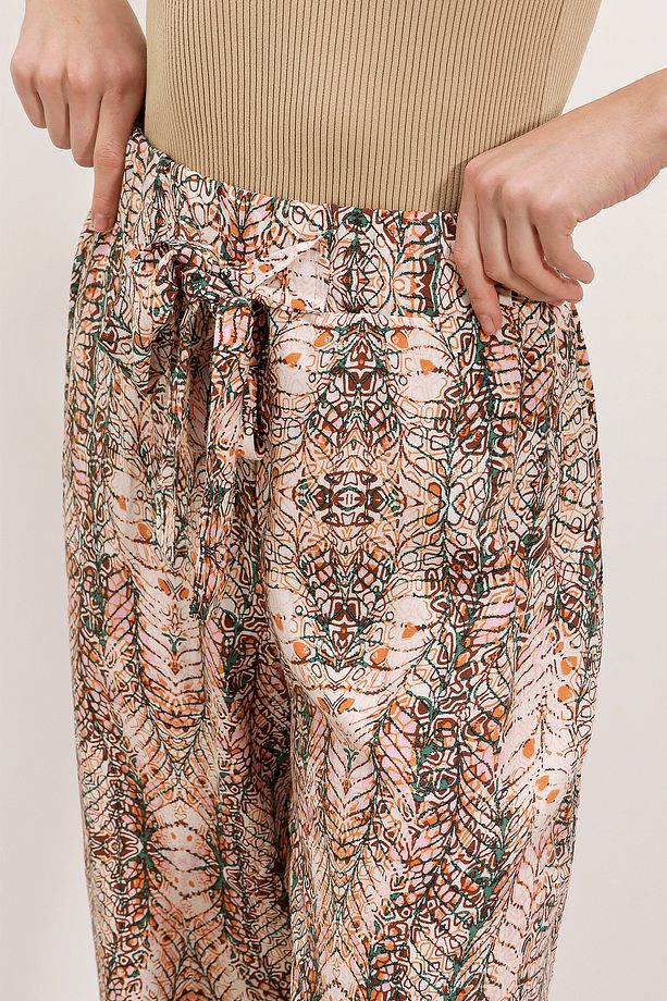 6523 Desenli Bol Paça Pantolon - Krem - 4