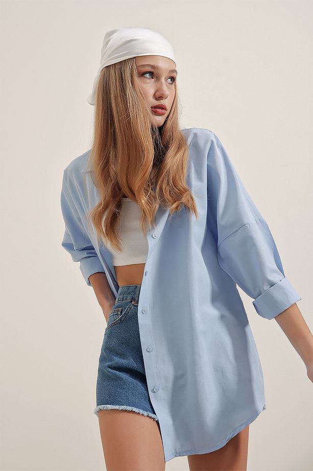3900 Oversize Uzun Basic Gömlek - Mavi - 5