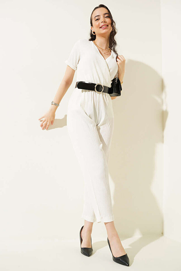 7022 Kemerli Örme Tulum - Beyaz - 1