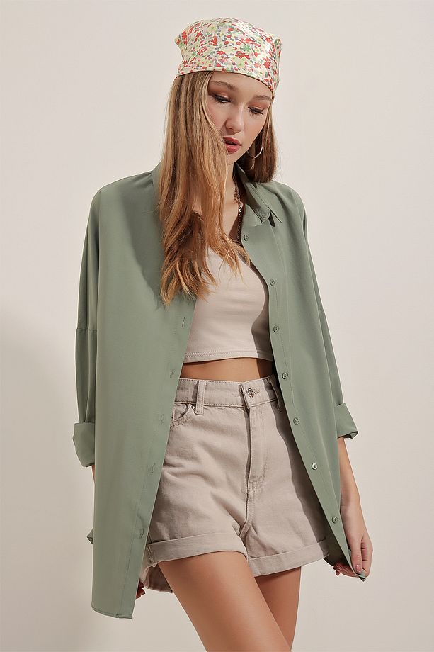 3900 Oversize Uzun Basic Gömlek - Haki - 5