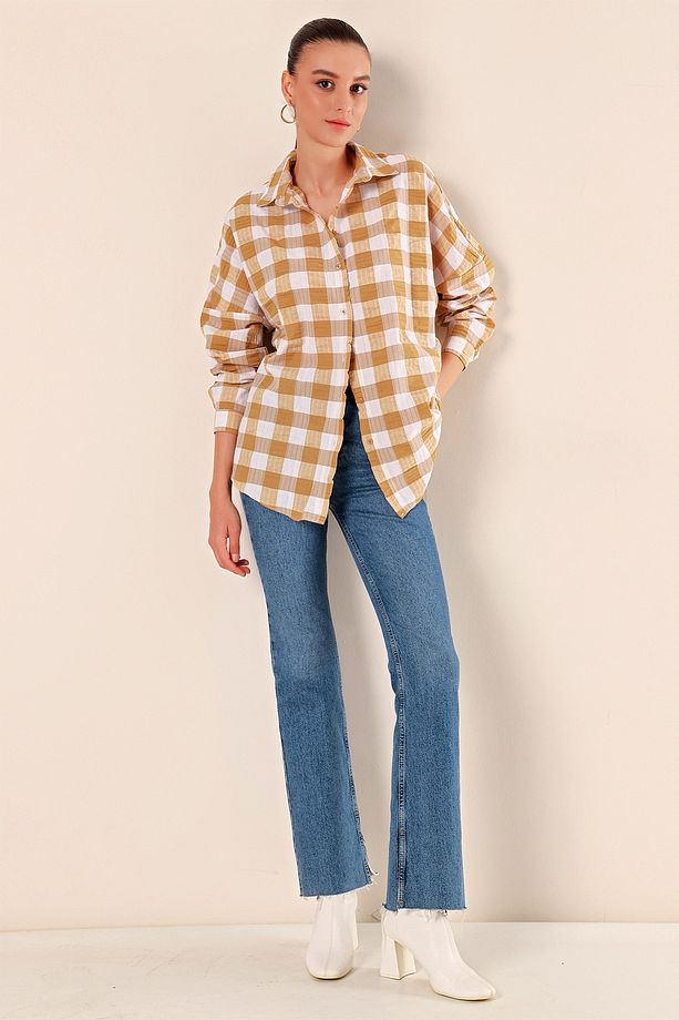 3900 Oversize Uzun Basic Gömlek - Vizon - 4