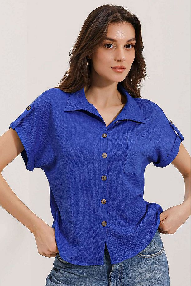20187 Kısa Kol Oversize Örme Gömlek - Saks - 1