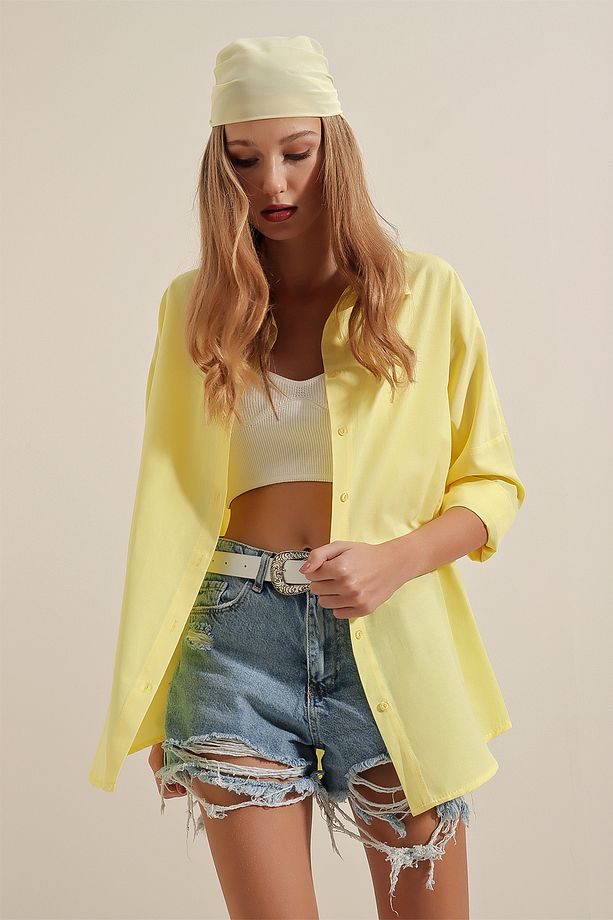 3900 Oversize Uzun Basic Gömlek - Sarı - 6
