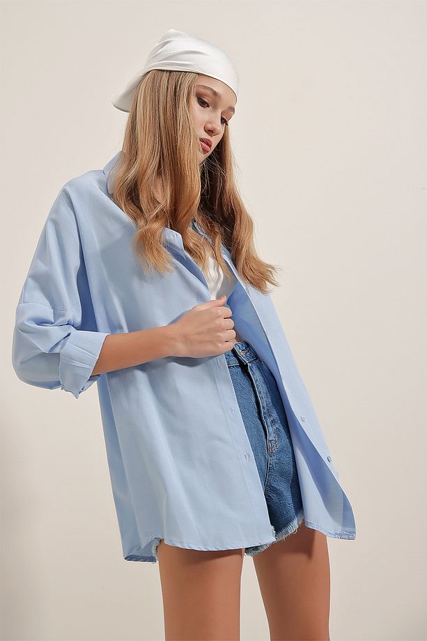 3900 Oversize Uzun Basic Gömlek - Mavi - 6