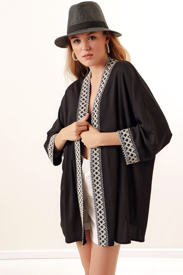 05866 Nakışlı Örme Kimono - Siyah - 2