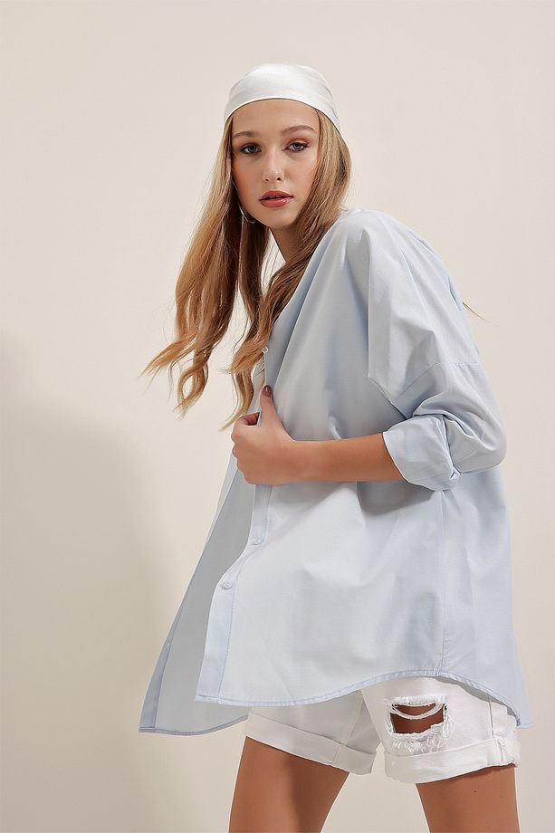 3900 Oversize Uzun Basic Gömlek - Açık Mavi - 7