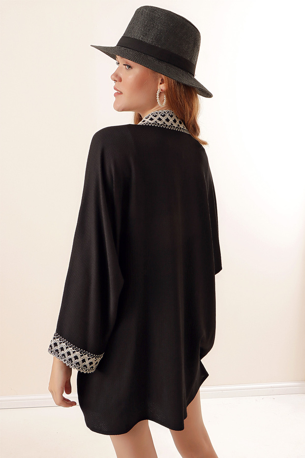 05866 Nakışlı Örme Kimono - Siyah - 5