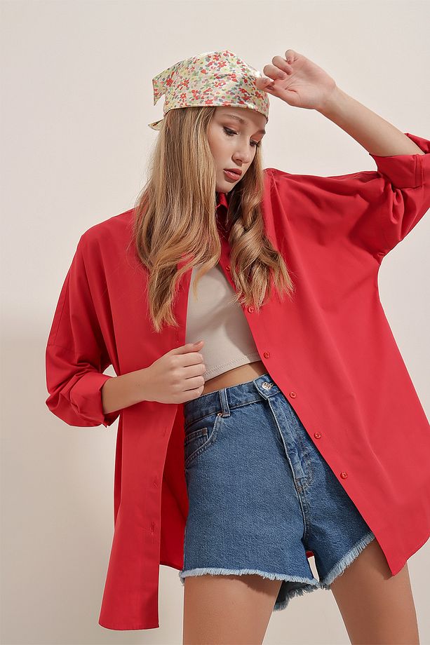 3900 Oversize Uzun Basic Gömlek - Kırmızı - 3