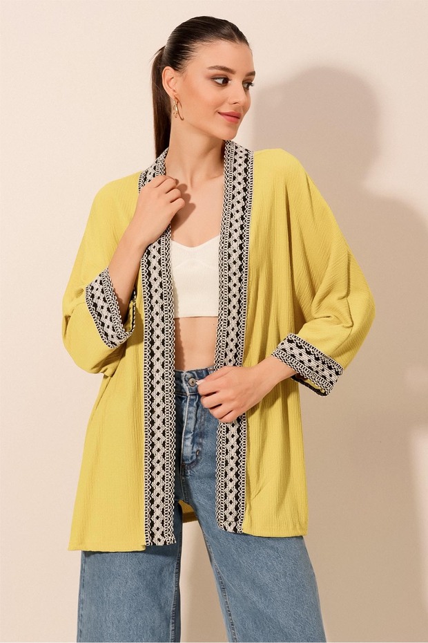 5866 Nakışlı Örme Kimono - A.Sarı - 5