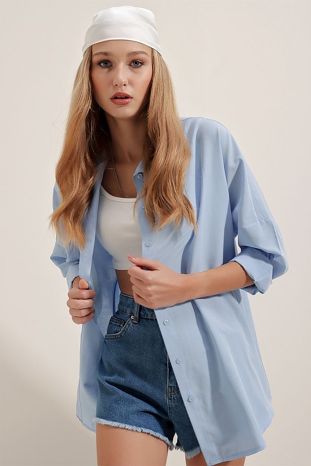 3900 Oversize Uzun Basic Gömlek - Mavi - 3
