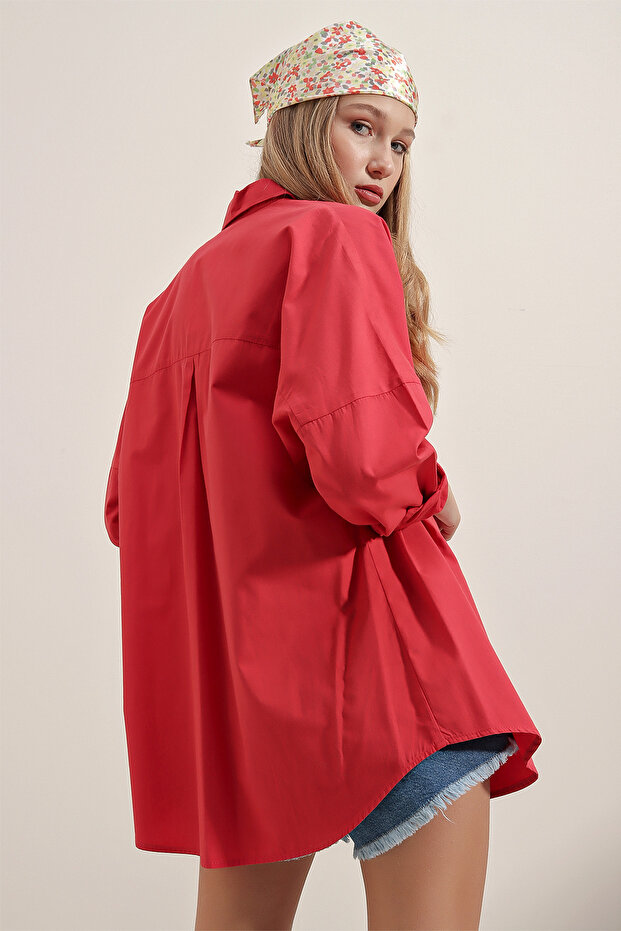 3900 Oversize Uzun Basic Gömlek - Kırmızı - 8